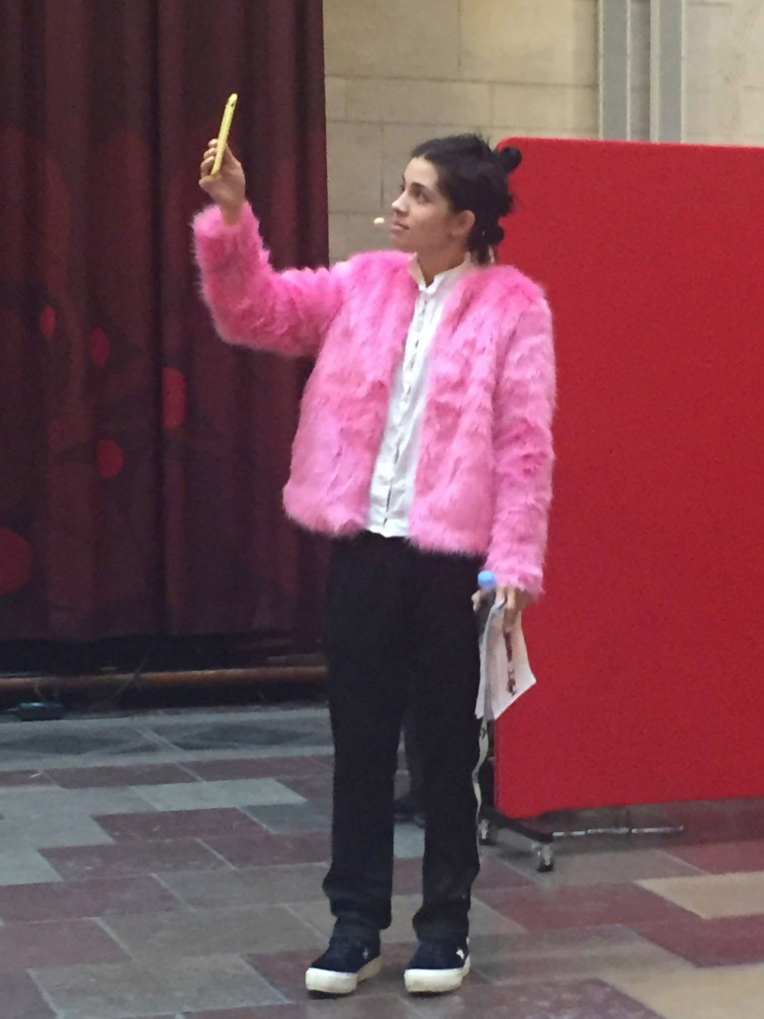 2017. Nadya Tolokonnikova in Copenhagen in that fuzzy pink jacket.